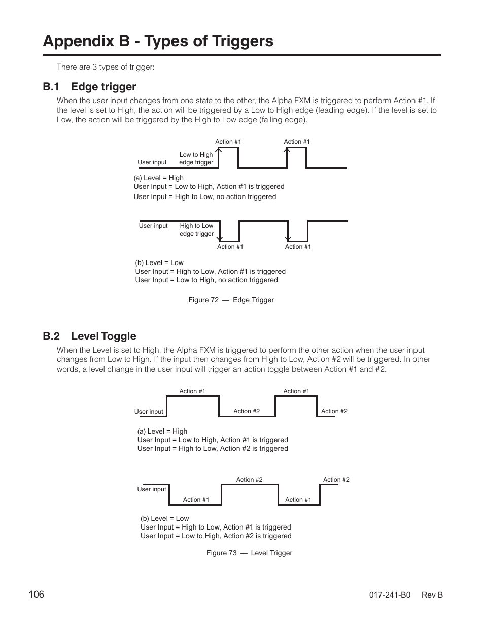 Appendix b - types of triggers, B.1 edge trigger, B.2 level toggle | Alpha Technologies FXM350_Micro350 UPS User Manual | Page 108 / 112