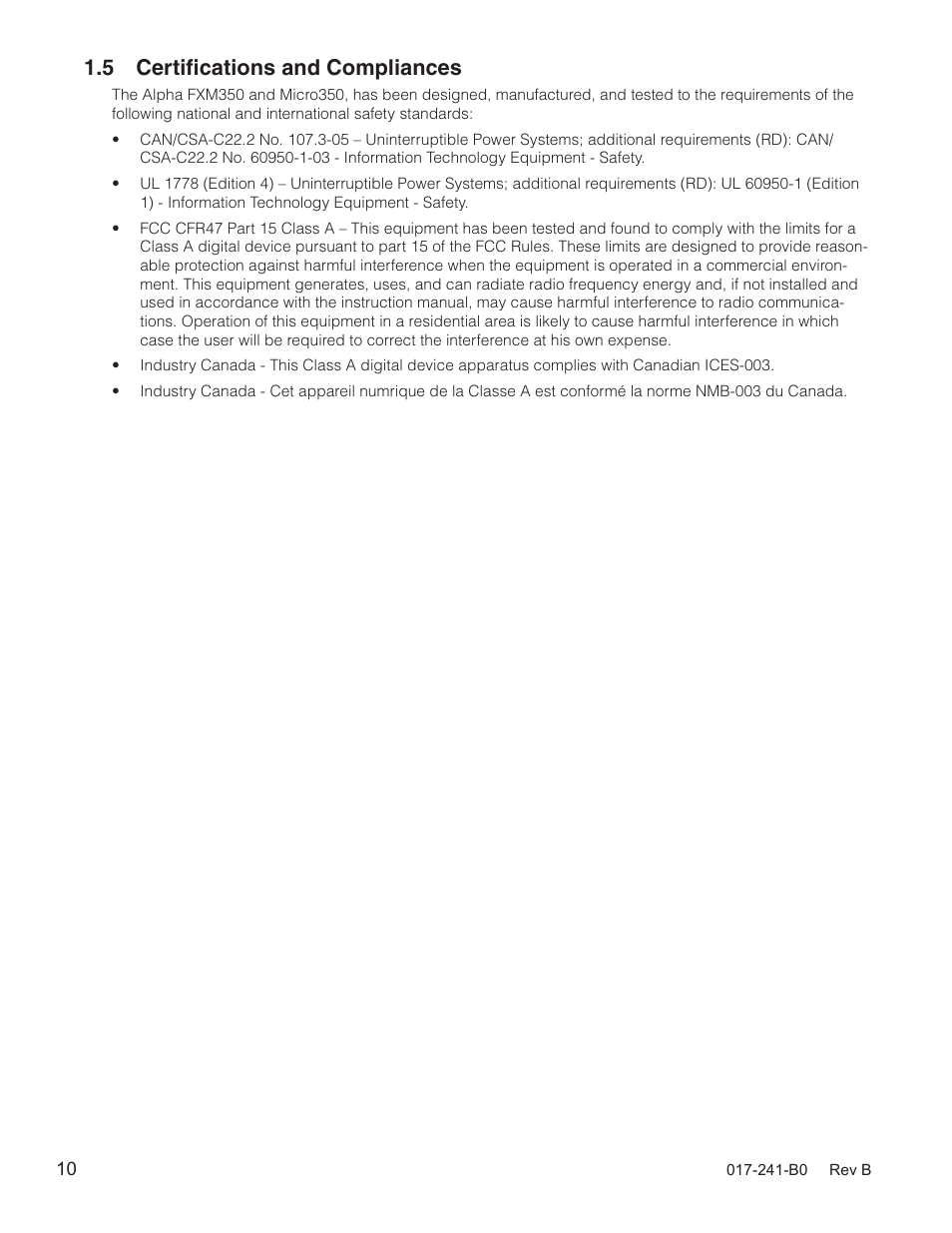 5 certifications and compliances | Alpha Technologies FXM350_Micro350 UPS User Manual | Page 12 / 112