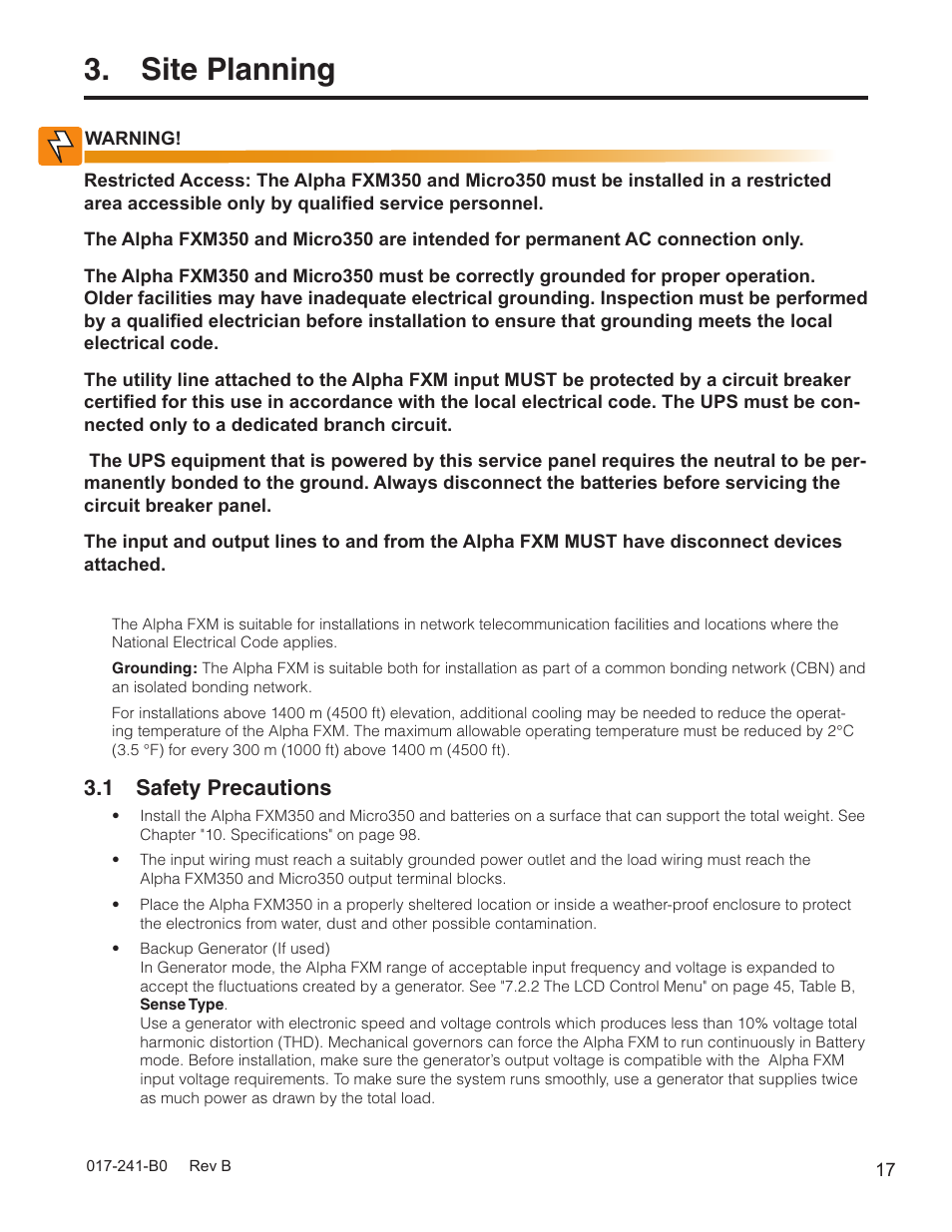 Site planning, 1 safety precautions | Alpha Technologies FXM350_Micro350 UPS User Manual | Page 19 / 112