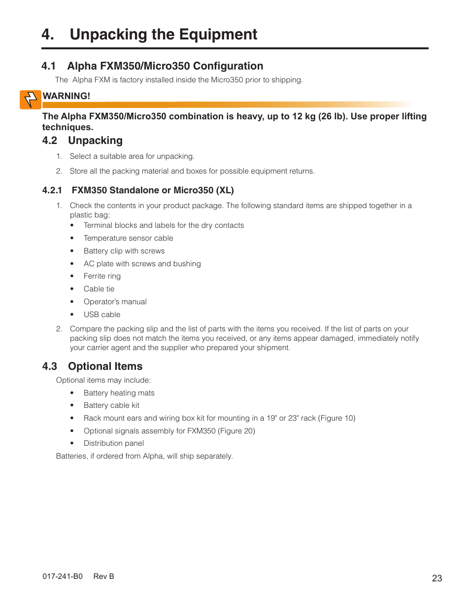 Unpacking the equipment, 2 unpacking, 3 optional items | Alpha Technologies FXM350_Micro350 UPS User Manual | Page 25 / 112