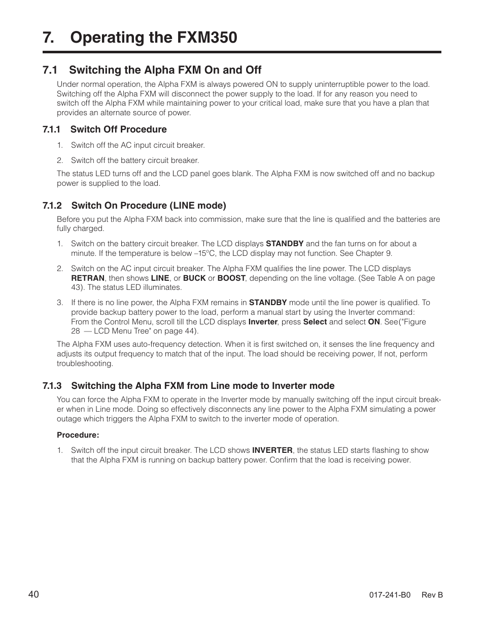 Operating the fxm350, 1 switching the alpha fxm on and off | Alpha Technologies FXM350_Micro350 UPS User Manual | Page 42 / 112
