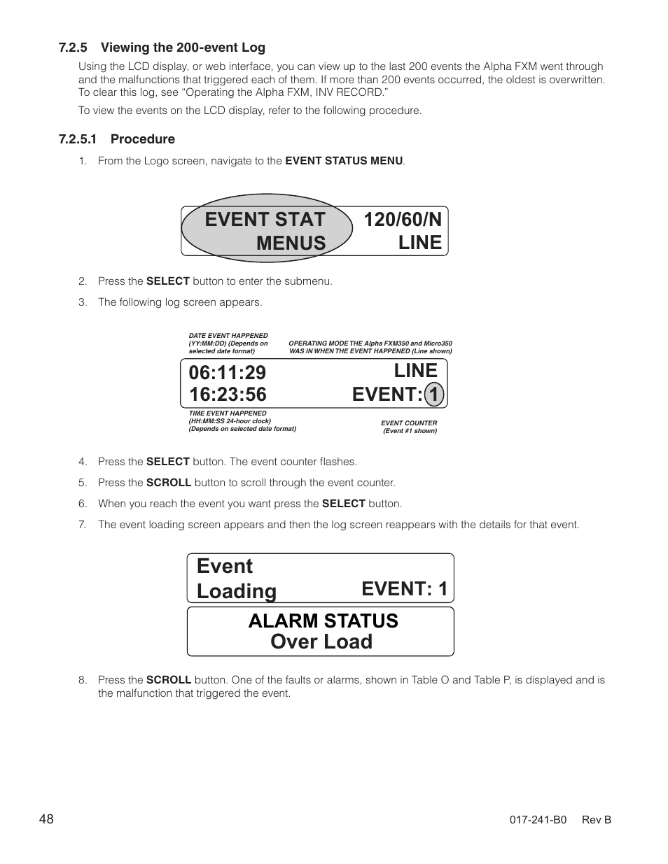 Event loading, Over load, Alarm status | Alpha Technologies FXM350_Micro350 UPS User Manual | Page 50 / 112