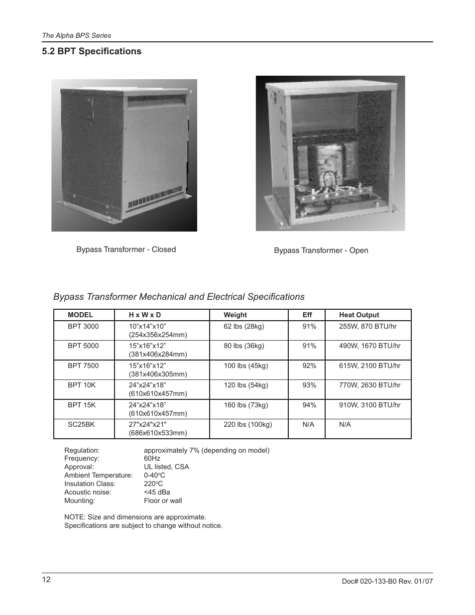 2 bpt specifications | Alpha Technologies BPT Series Bypass Transformer User Manual | Page 16 / 36