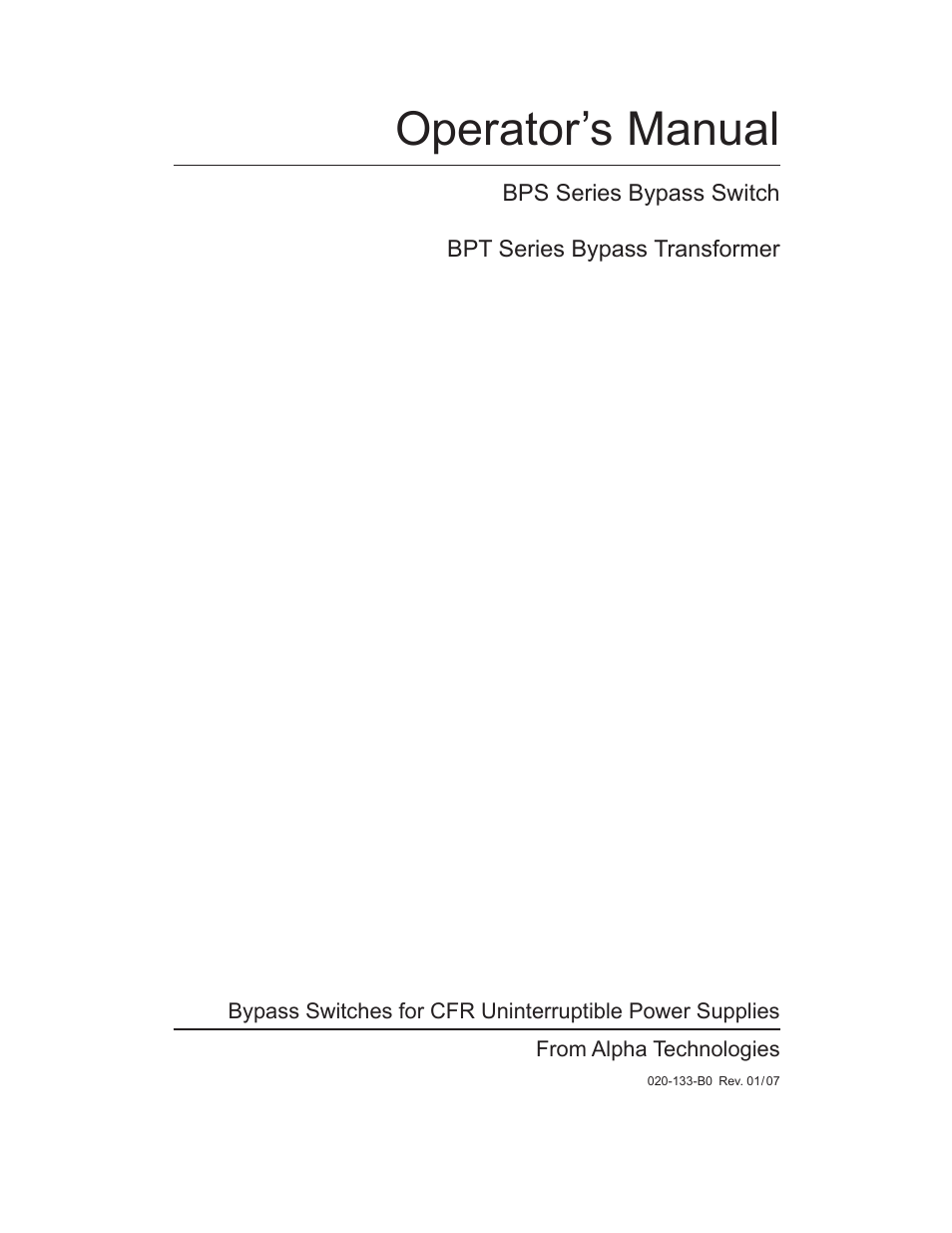 Operator’s manual | Alpha Technologies BPT Series Bypass Transformer User Manual | Page 3 / 36