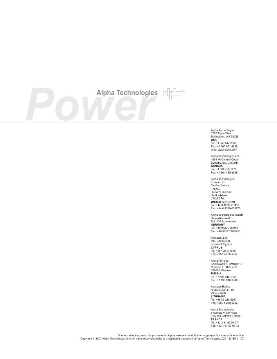 Power, Alpha technologies | Alpha Technologies BPT Series Bypass Transformer User Manual | Page 36 / 36