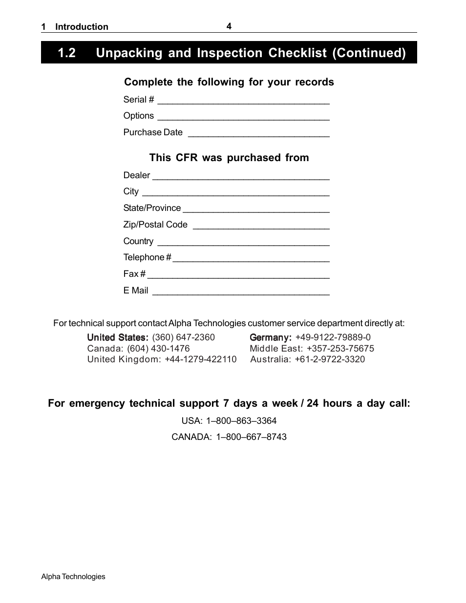 2 unpacking and inspection checklist (continued) | Alpha Technologies CFR 5000, CFR 5000RM User Manual | Page 10 / 88