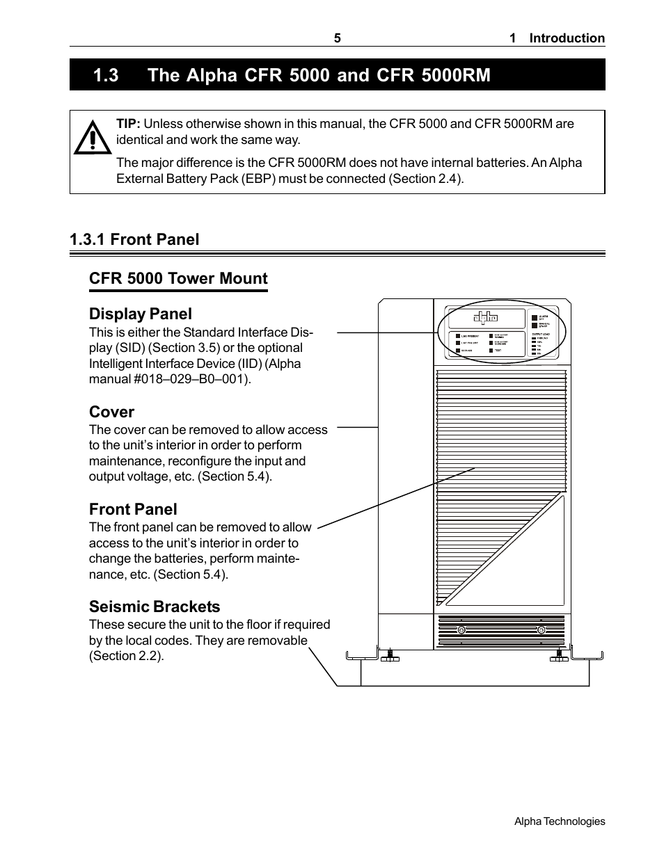 The alpha cfr 5000 and cfr 5000 rm, 3 the alpha cfr 5000 and cfr 5000rm, An tour of the units, their connectors, switches | And control panels (section 1.3) | Alpha Technologies CFR 5000, CFR 5000RM User Manual | Page 11 / 88
