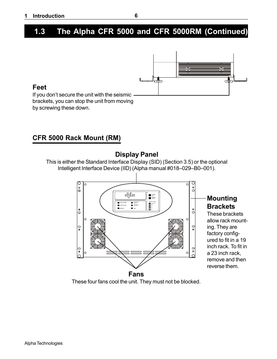 Feet, Cfr 5000 rack mount (rm) display panel, Fans | Mounting brackets, 1 introduction 6 | Alpha Technologies CFR 5000, CFR 5000RM User Manual | Page 12 / 88