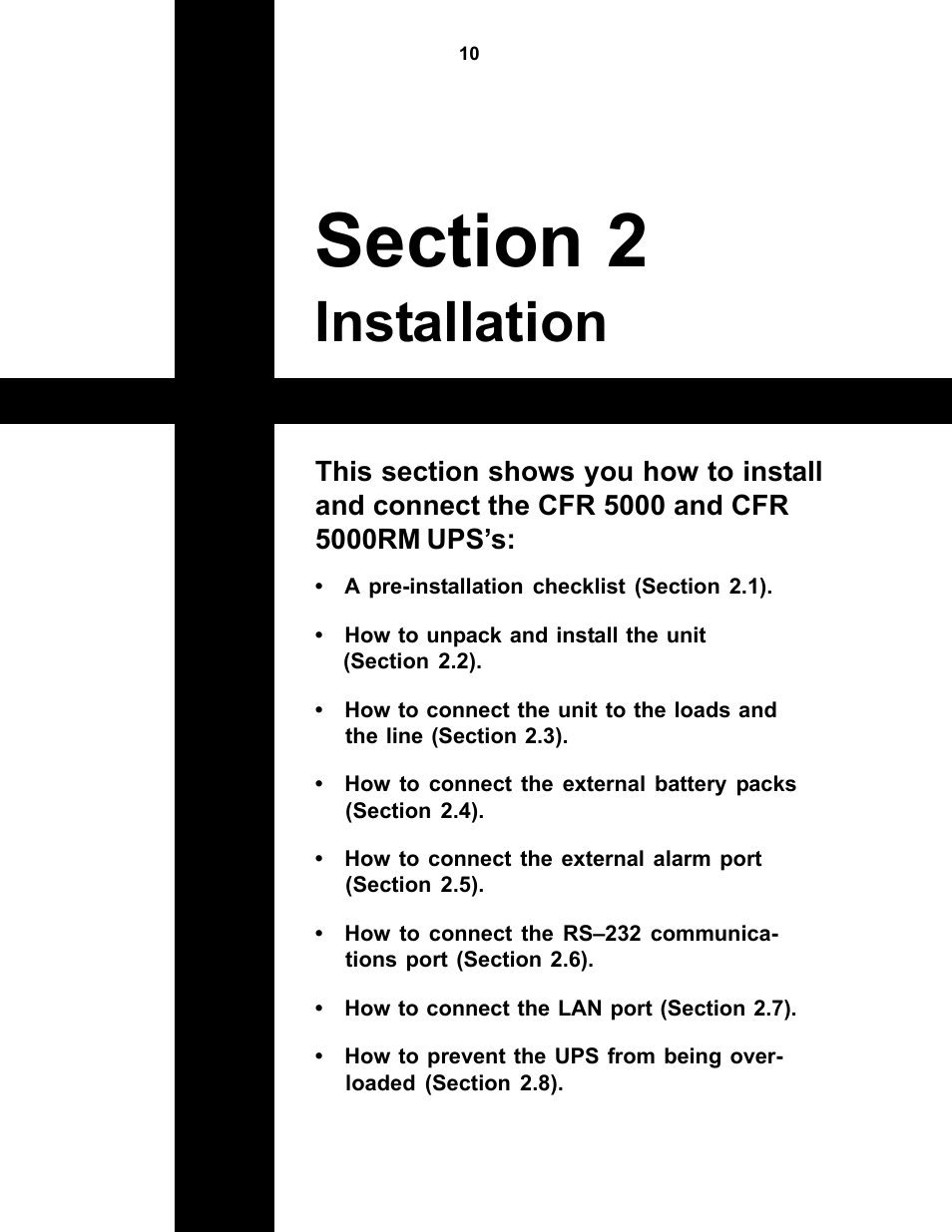 Section 2 installation, Installation | Alpha Technologies CFR 5000, CFR 5000RM User Manual | Page 16 / 88