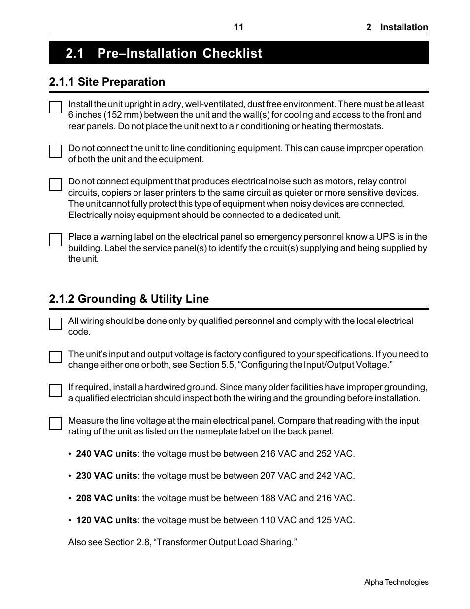 Pre-installation checklist, 1 pre–installation checklist, A pre-installation checklist (section 2.1) | 1 site preparation, 2 grounding & utility line | Alpha Technologies CFR 5000, CFR 5000RM User Manual | Page 17 / 88