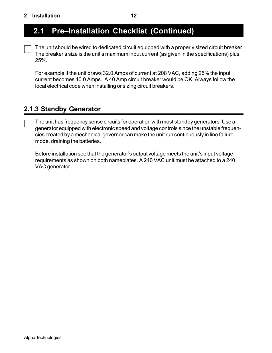 1 pre–installation checklist (continued), 3 standby generator | Alpha Technologies CFR 5000, CFR 5000RM User Manual | Page 18 / 88