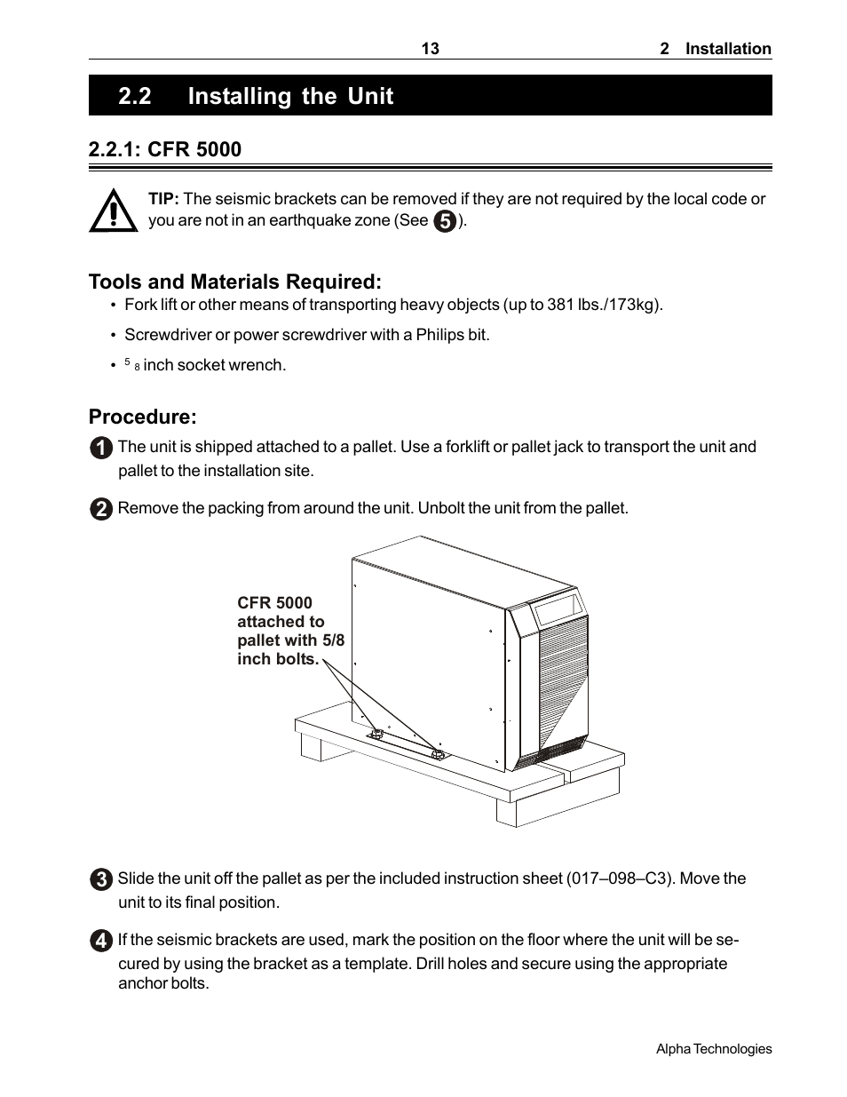 Installing the unit, 2 installing the unit, How to unpack and install the unit | Section 2.2), Cfr 5000, Tools and materials required, Procedure: 1 | Alpha Technologies CFR 5000, CFR 5000RM User Manual | Page 19 / 88