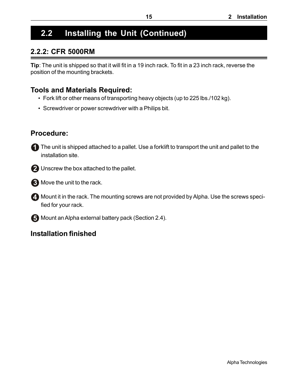 2 installing the unit (continued) | Alpha Technologies CFR 5000, CFR 5000RM User Manual | Page 21 / 88
