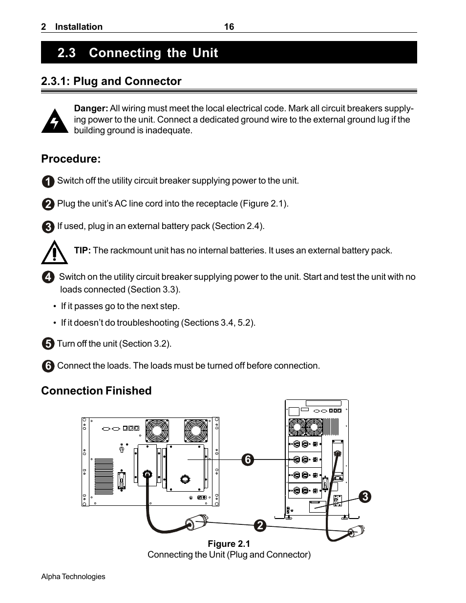 Connecting the unit, 3 connecting the unit, How to connect the unit to the loads and | The line (section 2.3) | Alpha Technologies CFR 5000, CFR 5000RM User Manual | Page 22 / 88