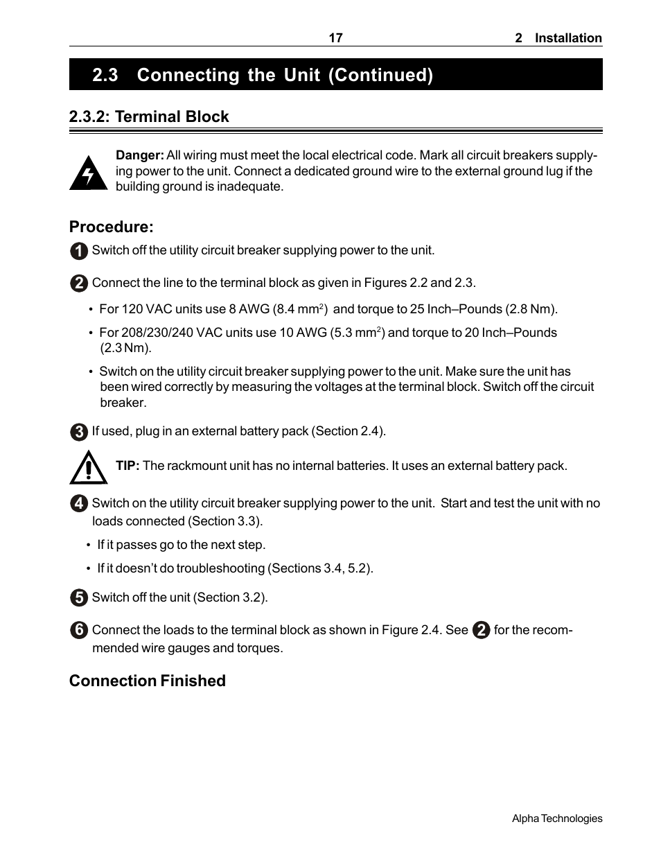 3 connecting the unit (continued), Terminal block, Procedure: 1 | Connection finished | Alpha Technologies CFR 5000, CFR 5000RM User Manual | Page 23 / 88