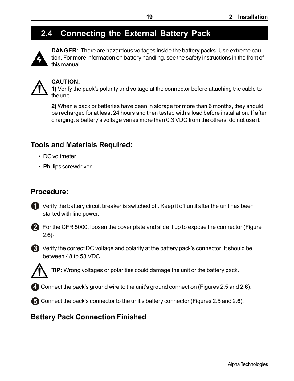 Connecting the external battery pack, 4 connecting the external battery pack, How to connect the external battery packs | Section 2.4) | Alpha Technologies CFR 5000, CFR 5000RM User Manual | Page 25 / 88