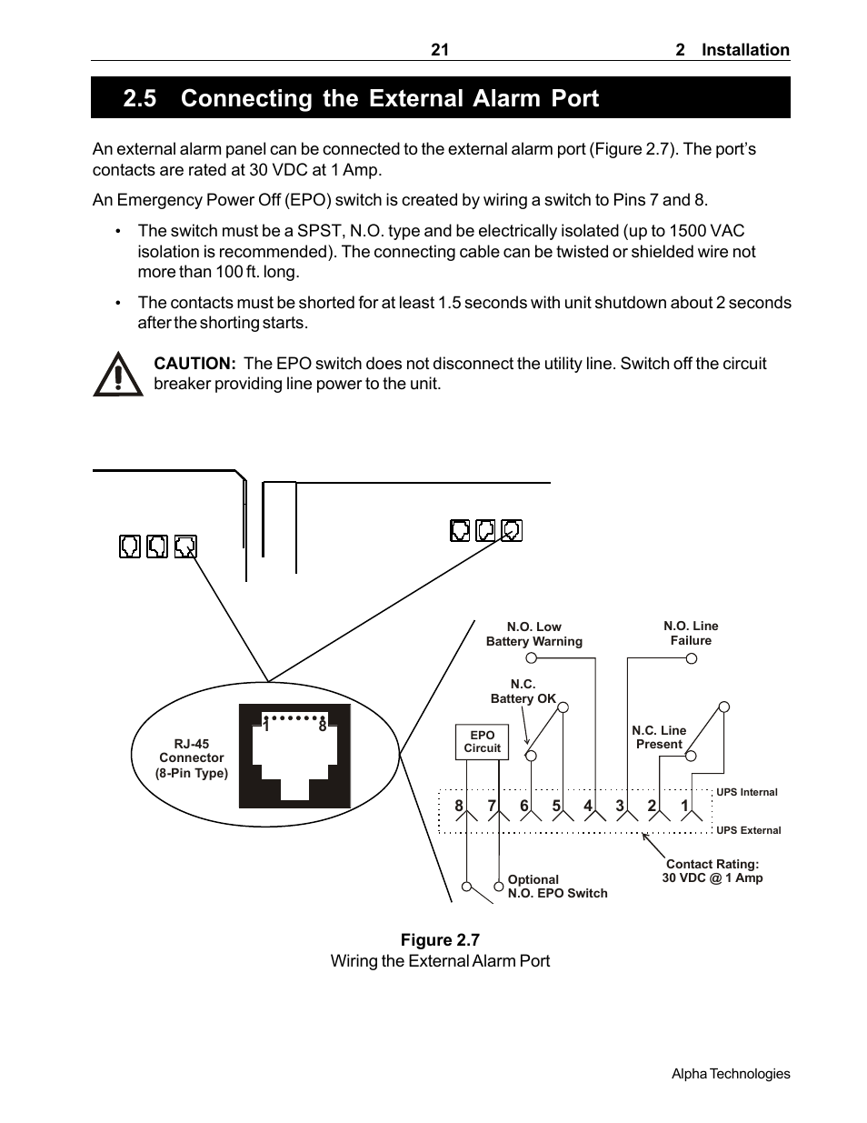 Connecting the external alarm port, 5 connecting the external alarm port, External alarm connector | How to connect the external alarm port, Section 2.5) | Alpha Technologies CFR 5000, CFR 5000RM User Manual | Page 27 / 88
