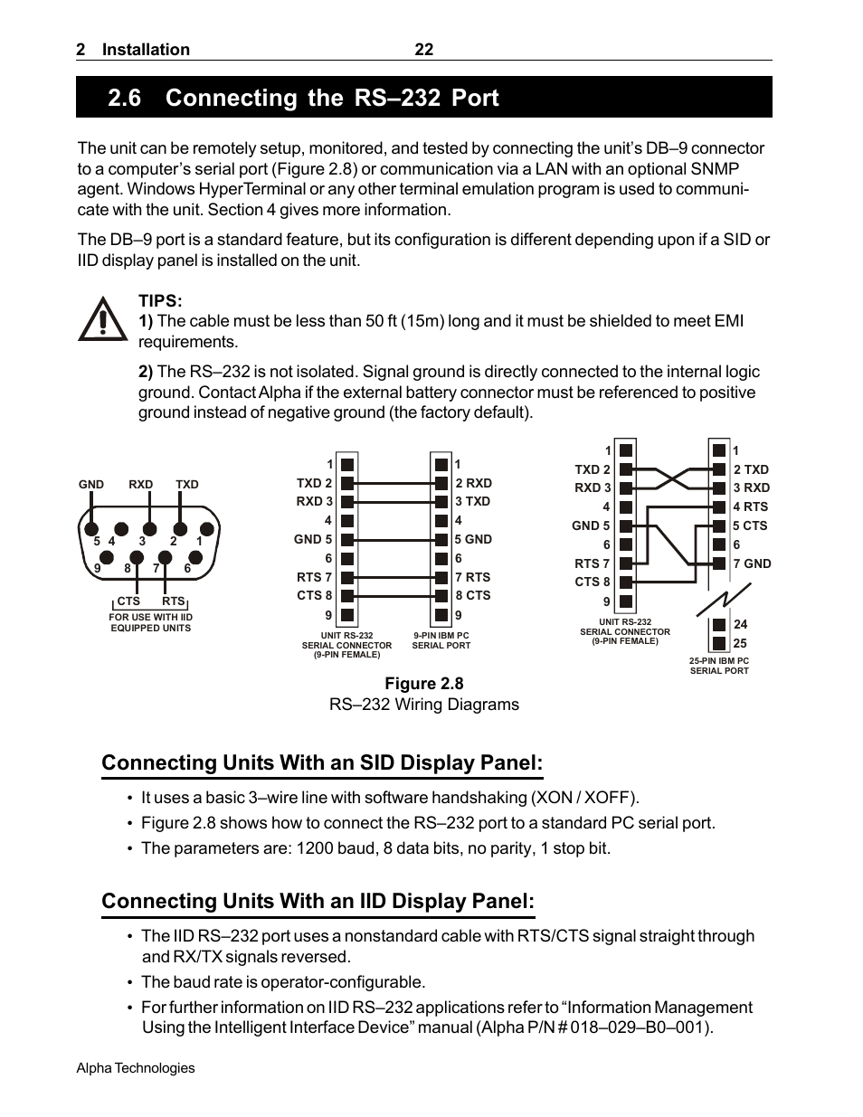 Connecting the rs-232 port, 6 connecting the rs–232 port, Rs–232 connector | How to connect the rs–232 communica, Tions port (section 2.6), Connecting units with an sid display panel, Connecting units with an iid display panel, 2 installation 22 | Alpha Technologies CFR 5000, CFR 5000RM User Manual | Page 28 / 88