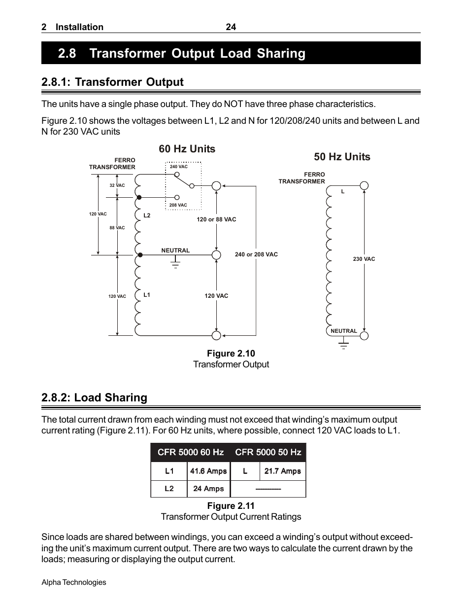 Transformer output load sharing, 8 transformer output load sharing, How to prevent the ups from being over | Loaded (section 2.8), Transformer output, Load sharing, 60 hz units, 50 hz units | Alpha Technologies CFR 5000, CFR 5000RM User Manual | Page 30 / 88