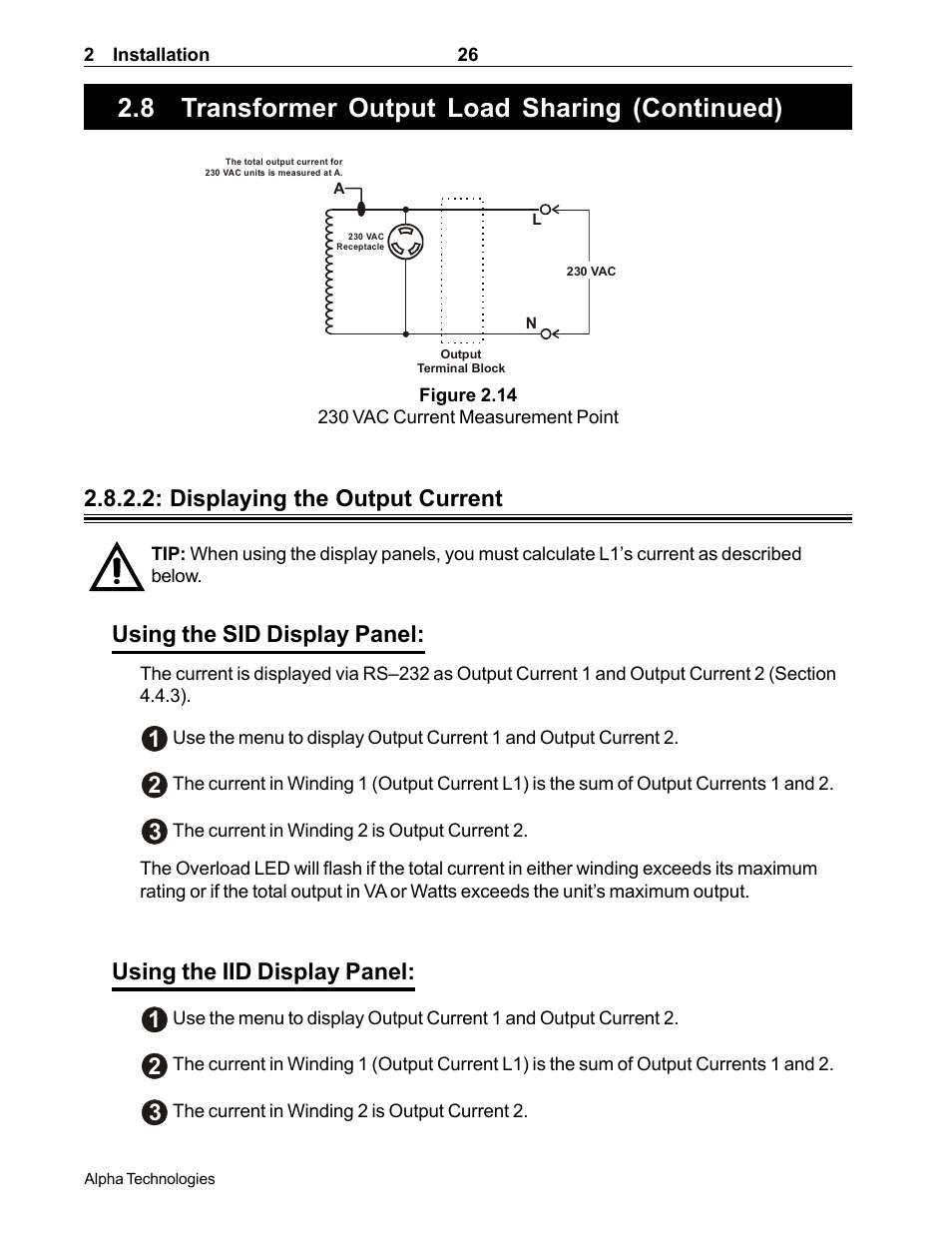 8 transformer output load sharing (continued), Displaying the output current, Using the sid display panel | Using the iid display panel: 1 | Alpha Technologies CFR 5000, CFR 5000RM User Manual | Page 32 / 88