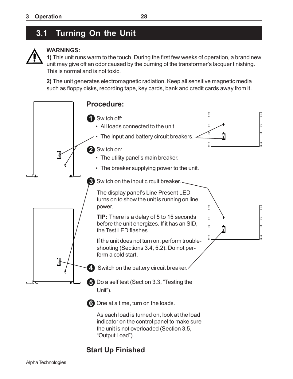 Turning on the unit, 1 turning on the unit | Alpha Technologies CFR 5000, CFR 5000RM User Manual | Page 34 / 88