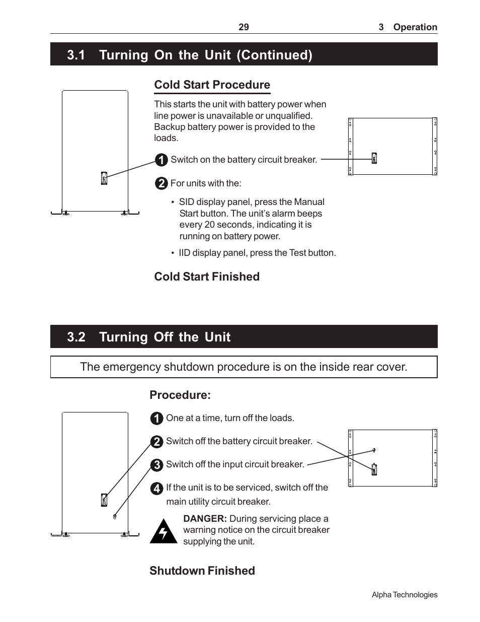 Turning off the unit, 2 turning off the unit, Turn off the unit (section 3.2) | Switch off the unit (section 3.2) | Alpha Technologies CFR 5000, CFR 5000RM User Manual | Page 35 / 88
