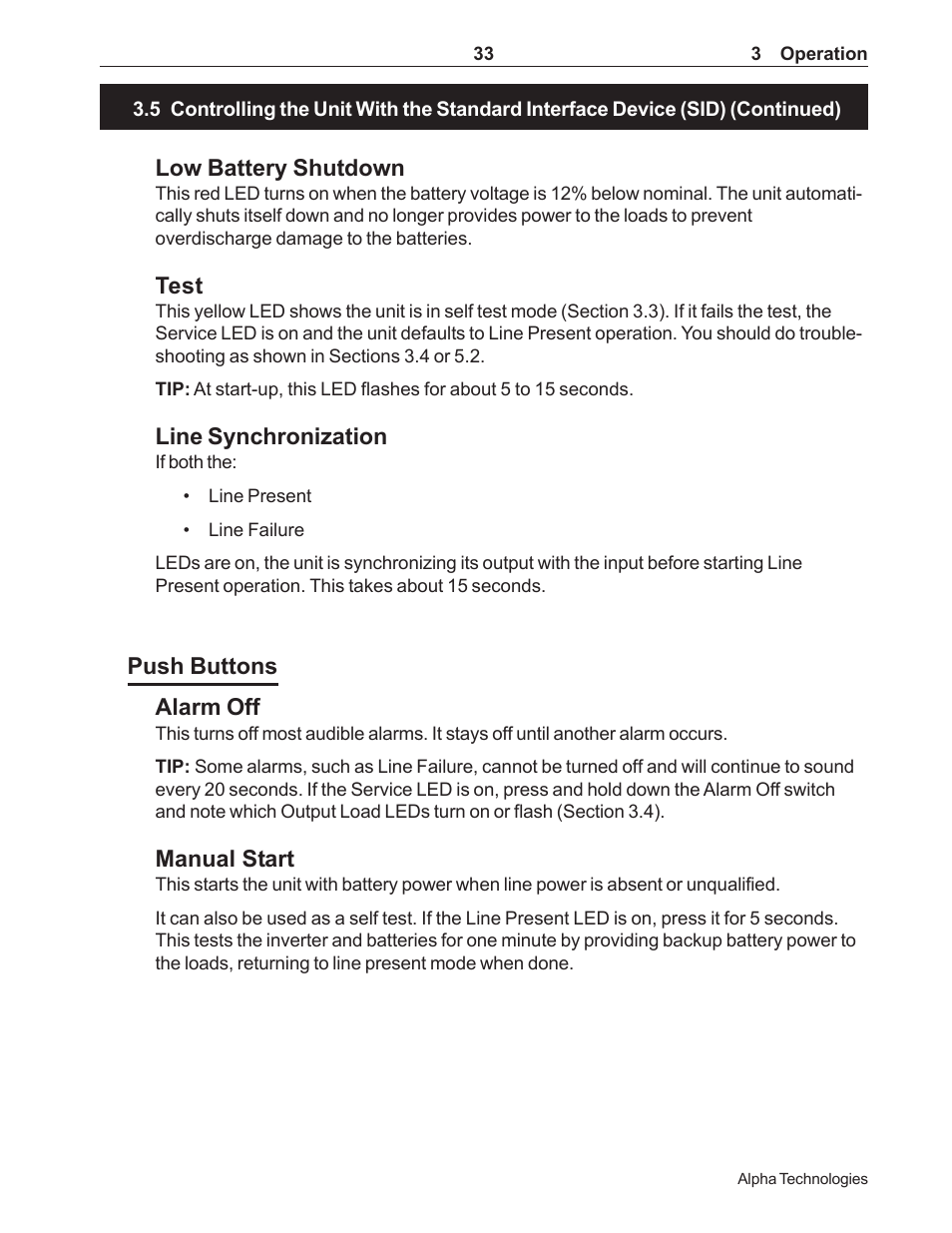 Low battery shutdown, Test, Line synchronization | Push buttons alarm off, Manual start | Alpha Technologies CFR 5000, CFR 5000RM User Manual | Page 39 / 88