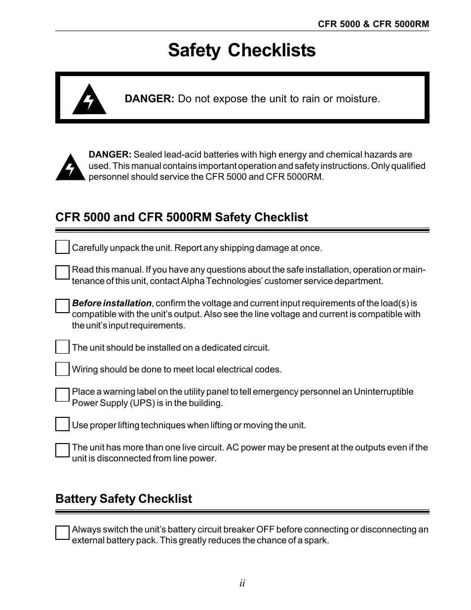 Safety checklists, Battery safety checklist | Alpha Technologies CFR 5000, CFR 5000RM User Manual | Page 4 / 88