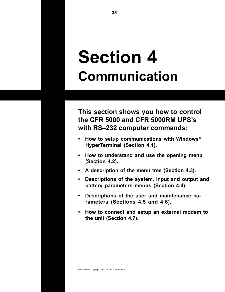 Section 4 communication, Communication | Alpha Technologies CFR 5000, CFR 5000RM User Manual | Page 41 / 88
