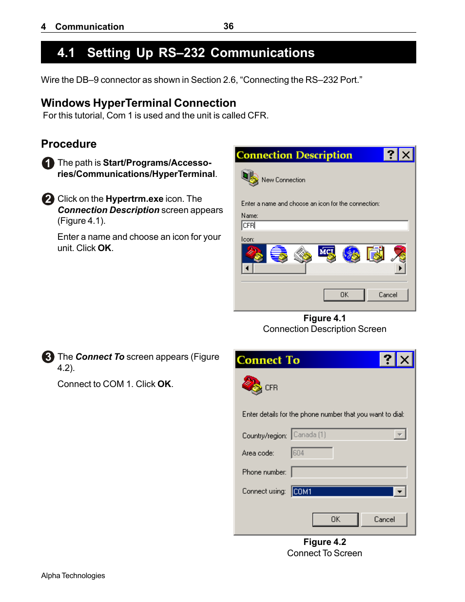 Setting up rs-232 communications, 1 setting up rs–232 communications, How to setup communications with windows | Hyperterminal (section 4.1), Windows hyperterminal connection, Procedure 1 | Alpha Technologies CFR 5000, CFR 5000RM User Manual | Page 42 / 88