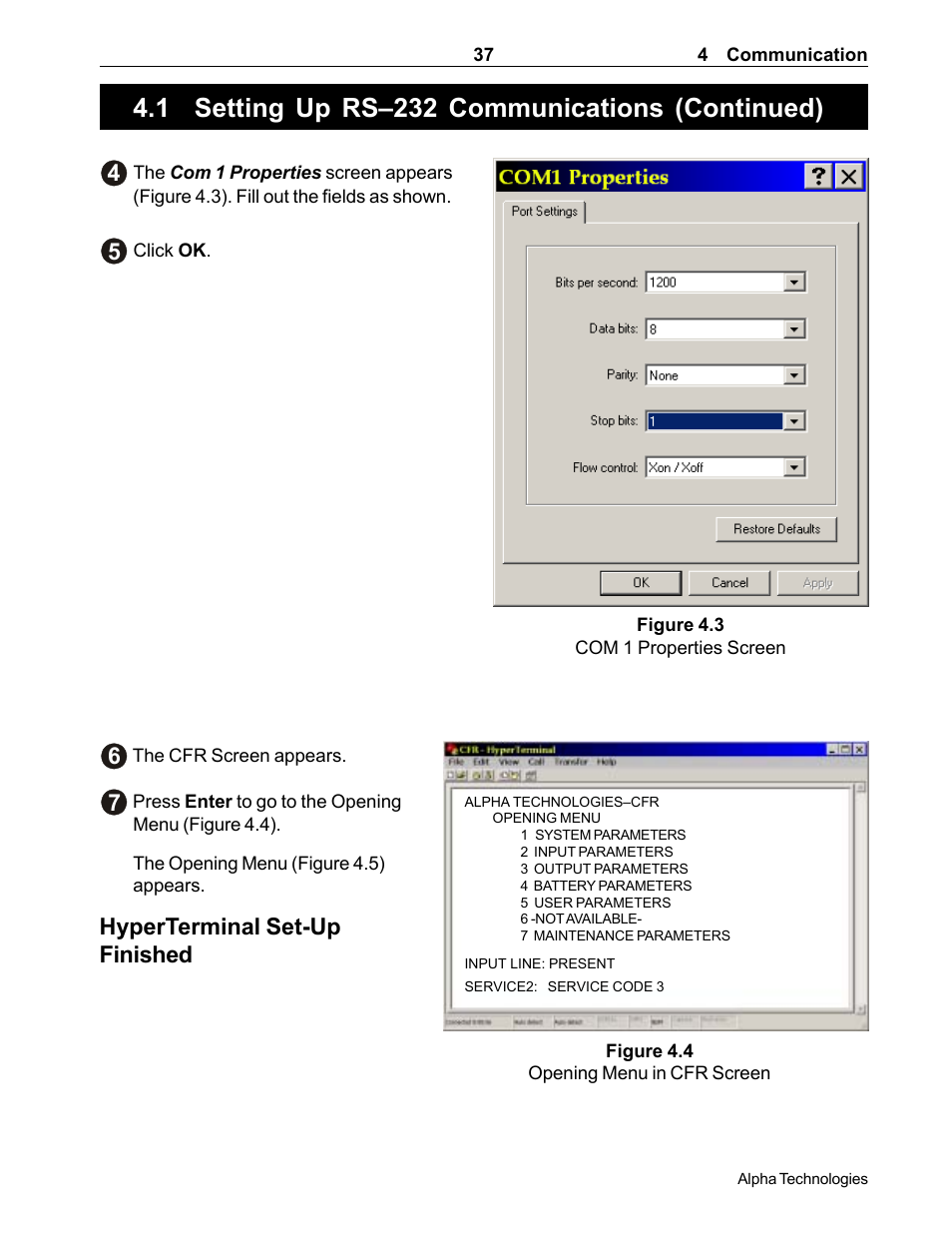 1 setting up rs–232 communications (continued), Hyperterminal set-up finished | Alpha Technologies CFR 5000, CFR 5000RM User Manual | Page 43 / 88