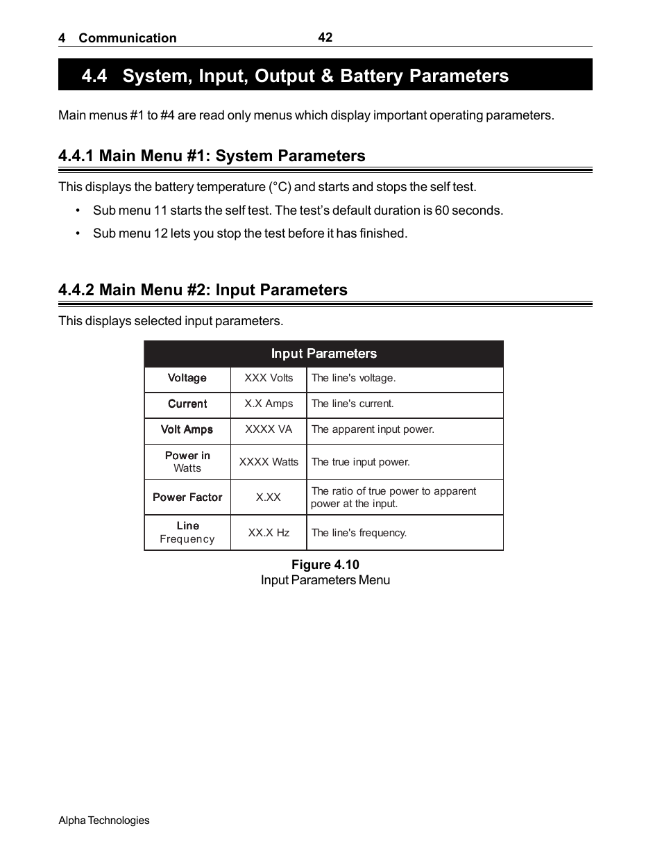 System, input, output and battery parameters, 4 system, input, output & battery param, Eters | Descriptions of the system, input and output and, Battery parameters menus (section 4.4), 1 system parameters, Battery temperature, 11 start test 12 stop test, 2 input parameters, 4 system, input, output & battery parameters | Alpha Technologies CFR 5000, CFR 5000RM User Manual | Page 48 / 88