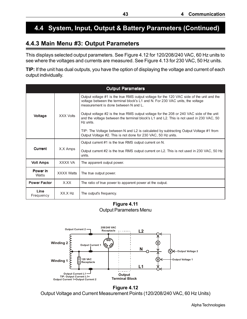 3 output parameters, Output #1, Voltage current | Output #2, 3 main menu #3: output parameters, 43 4 communication, L2 l1 n | Alpha Technologies CFR 5000, CFR 5000RM User Manual | Page 49 / 88