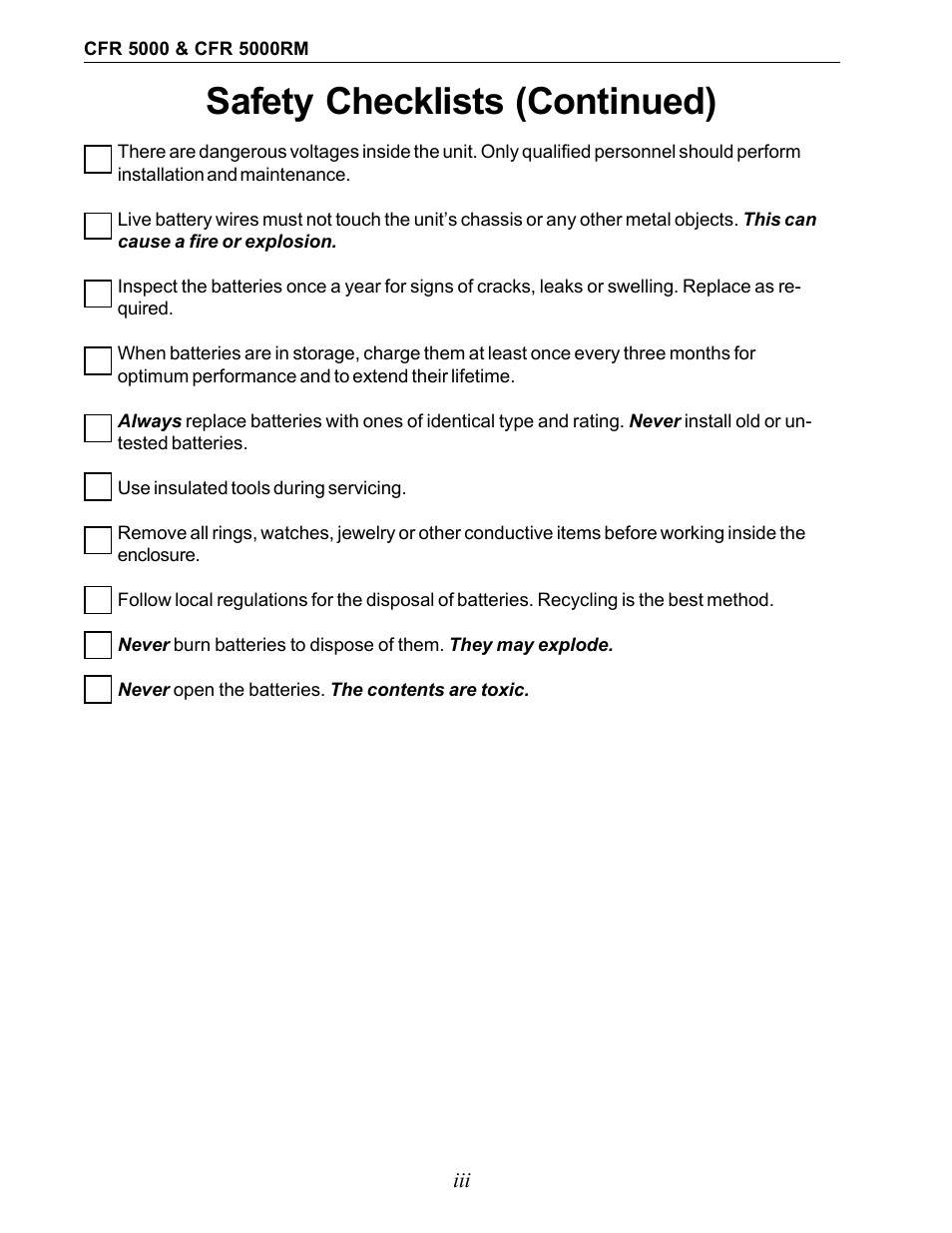 Safety checklists (continued) | Alpha Technologies CFR 5000, CFR 5000RM User Manual | Page 5 / 88