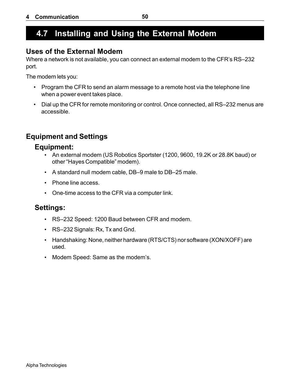 Installing and using the external modem, 7 installing and using the external modem, How to connect and setup an external modem to | The unit (section 4.7), Uses of the external modem, Equipment and settings equipment, Settings | Alpha Technologies CFR 5000, CFR 5000RM User Manual | Page 56 / 88