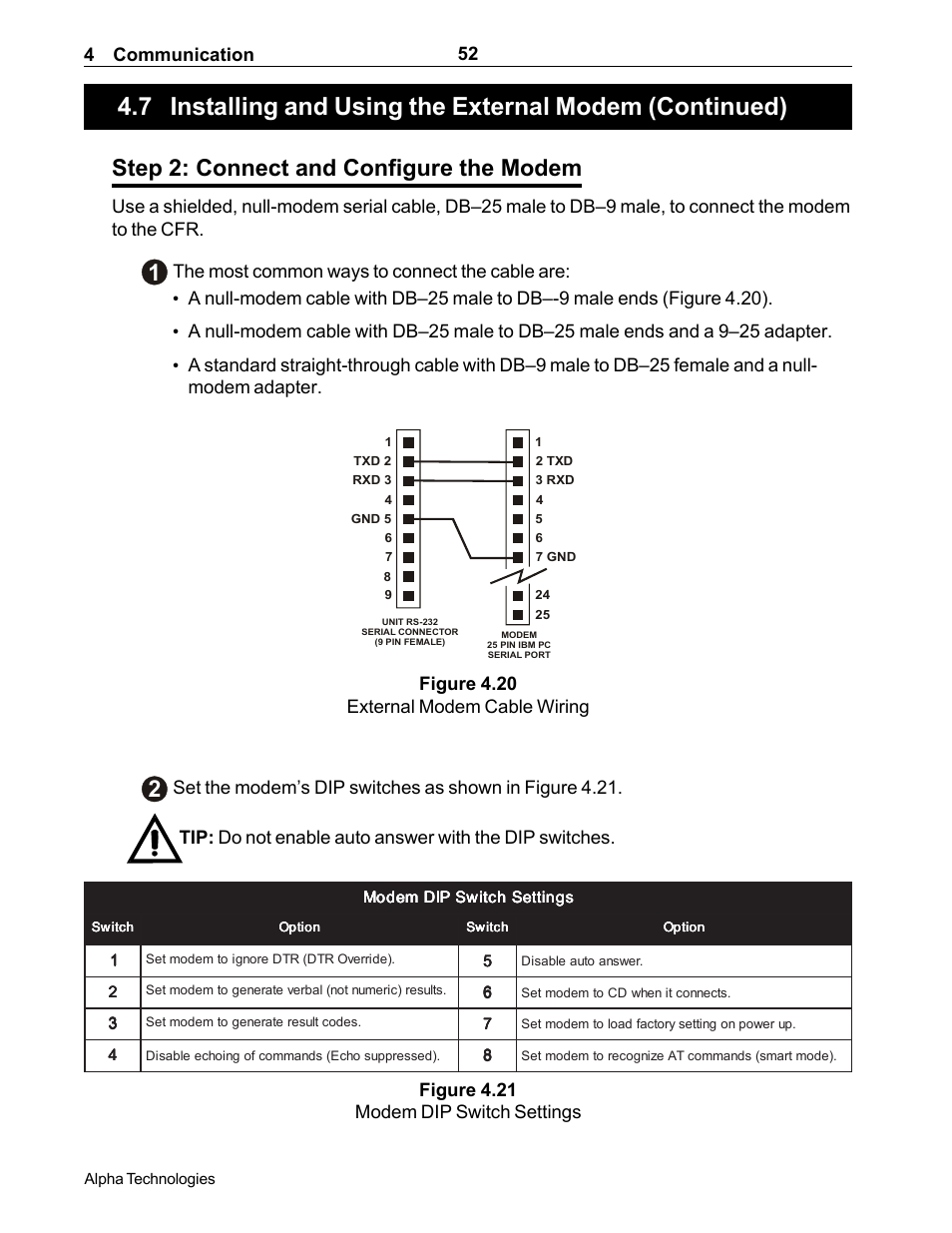 Step 2: connect and configure the modem, 4 communication 52, Figure 4.21 modem dip switch settings | Alpha Technologies CFR 5000, CFR 5000RM User Manual | Page 58 / 88