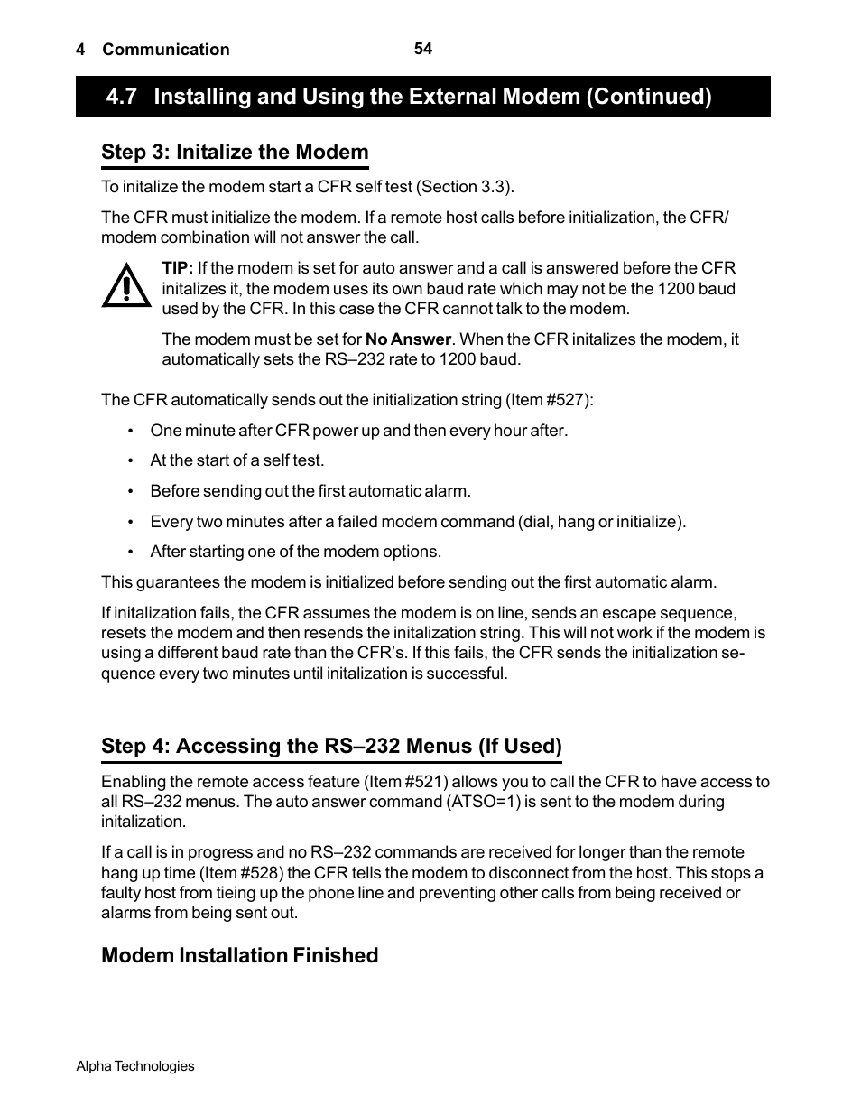 Step 3: initalize the modem, Step 4: accessing the rs–232 menus (if used), Modem installation finished | Alpha Technologies CFR 5000, CFR 5000RM User Manual | Page 60 / 88