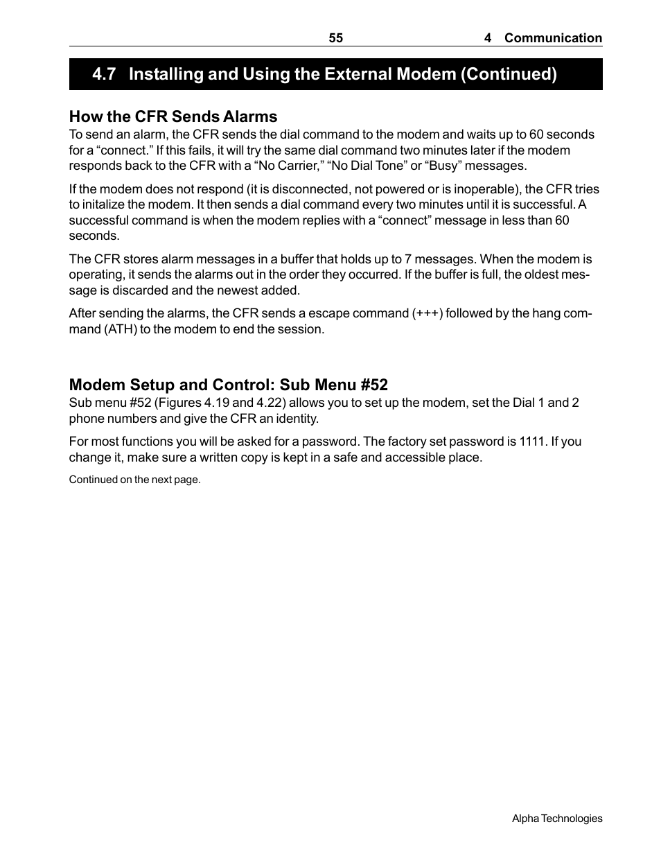 How the cfr sends alarms, Modem setup and control: sub menu #52 | Alpha Technologies CFR 5000, CFR 5000RM User Manual | Page 61 / 88