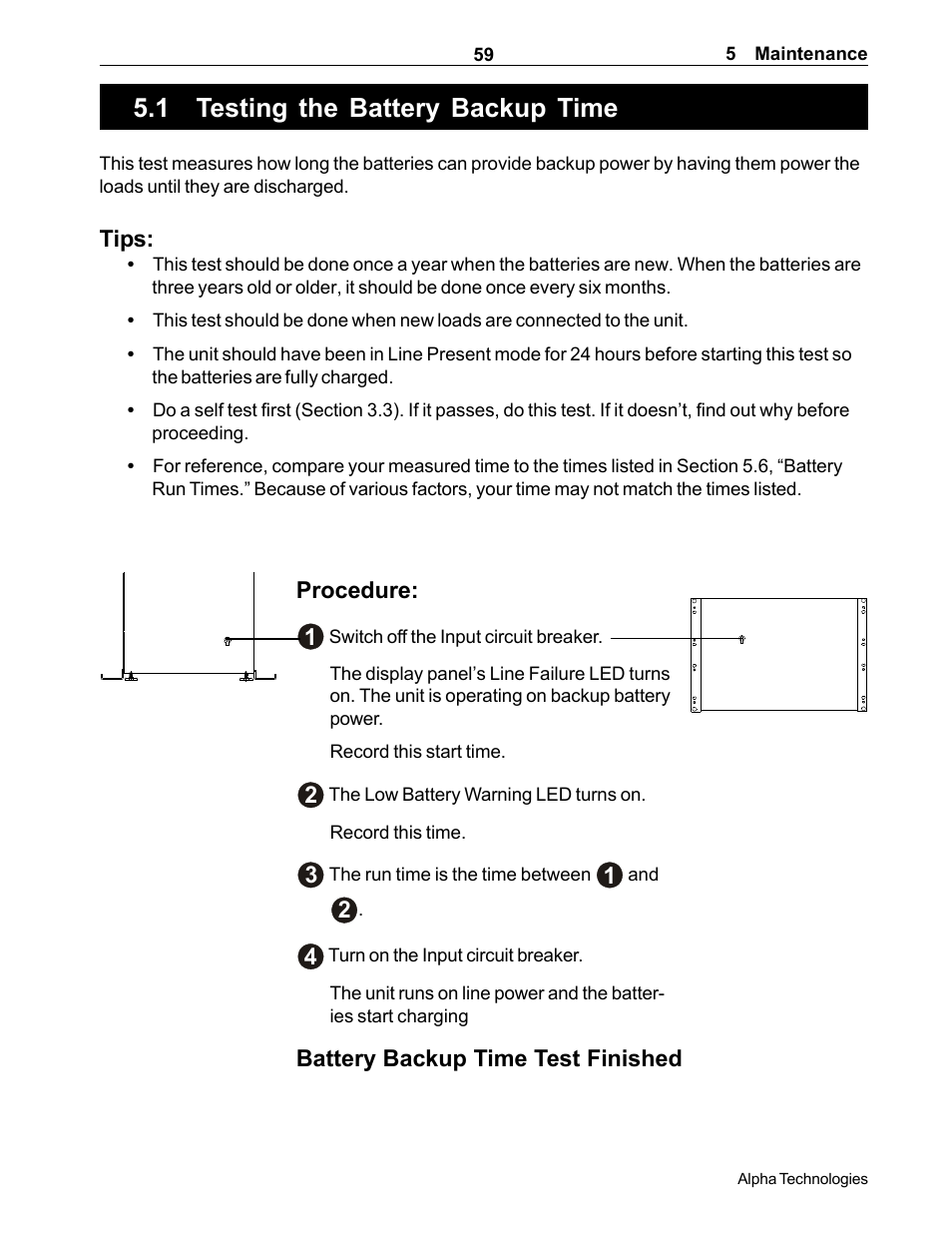 Testing the battery backup time, 1 testing the battery backup time, How to measure the battery backup time | Section 5.1), Tips, Procedure: 1, Battery backup time test finished | Alpha Technologies CFR 5000, CFR 5000RM User Manual | Page 65 / 88