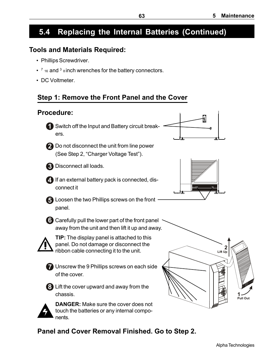 Cover, Front panel, 4 replacing the internal batteries (continued) | Tools and materials required, Panel and cover removal finished. go to step 2 | Alpha Technologies CFR 5000, CFR 5000RM User Manual | Page 69 / 88