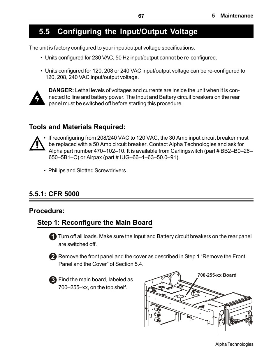 Configuring the input/output voltage, 5 configuring the input/output voltage, How to change the unit’s input and output volt | Ages (section 5.5), Tools and materials required | Alpha Technologies CFR 5000, CFR 5000RM User Manual | Page 73 / 88