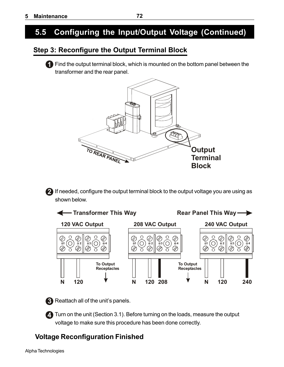 5 configuring the input/output voltage (continued), Output terminal block, Step 3: reconfigure the output terminal block 1 | Voltage reconfiguration finished, Transformer this way, Rear panel this way | Alpha Technologies CFR 5000, CFR 5000RM User Manual | Page 78 / 88