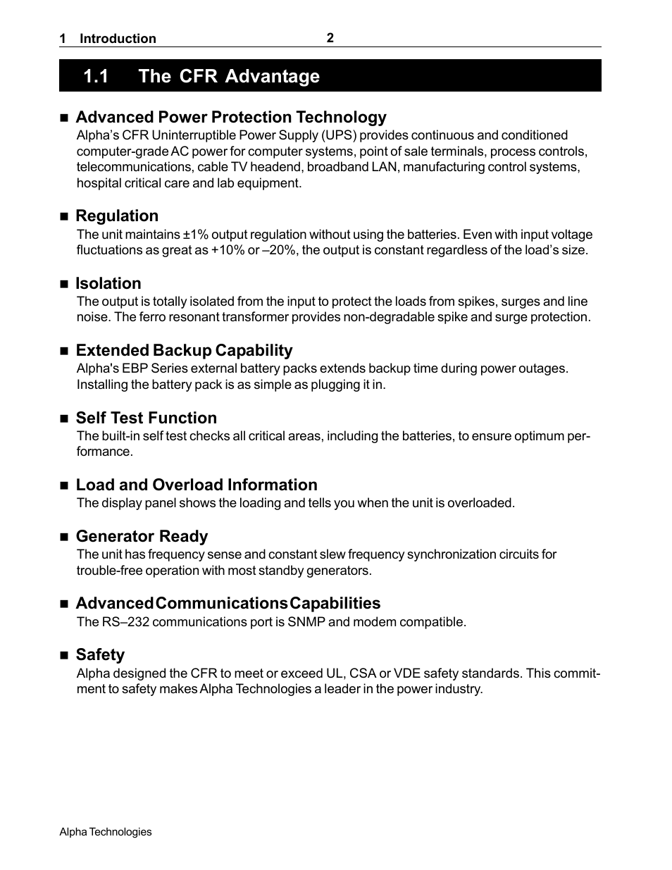 The cfr advantage, 1 the cfr advantage, The cfr series many advantages (section 1.1) | Alpha Technologies CFR 5000, CFR 5000RM User Manual | Page 8 / 88