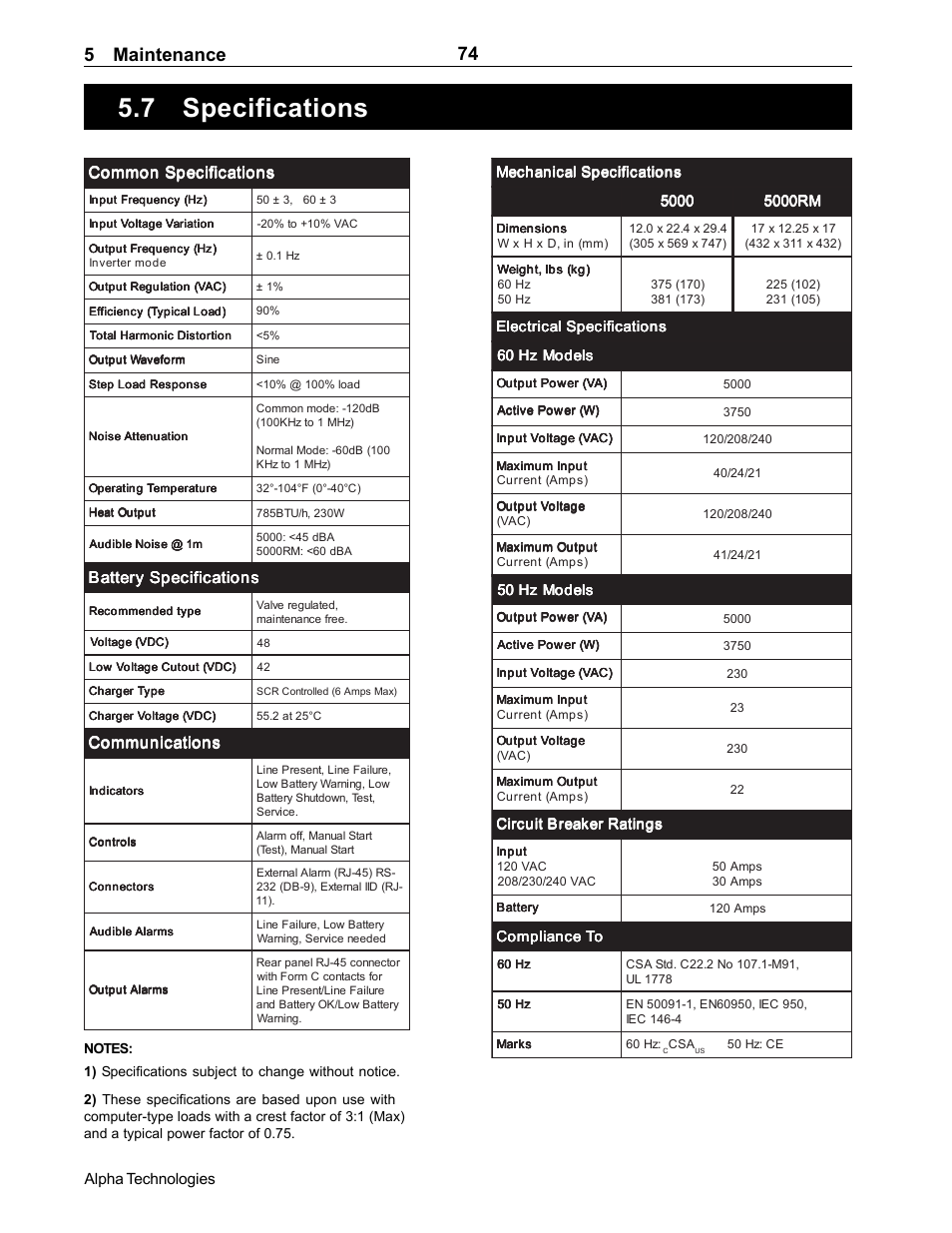 Specifications, 7 specifications, Specifications (section 5.7) | 5 maintenance 74 | Alpha Technologies CFR 5000, CFR 5000RM User Manual | Page 80 / 88