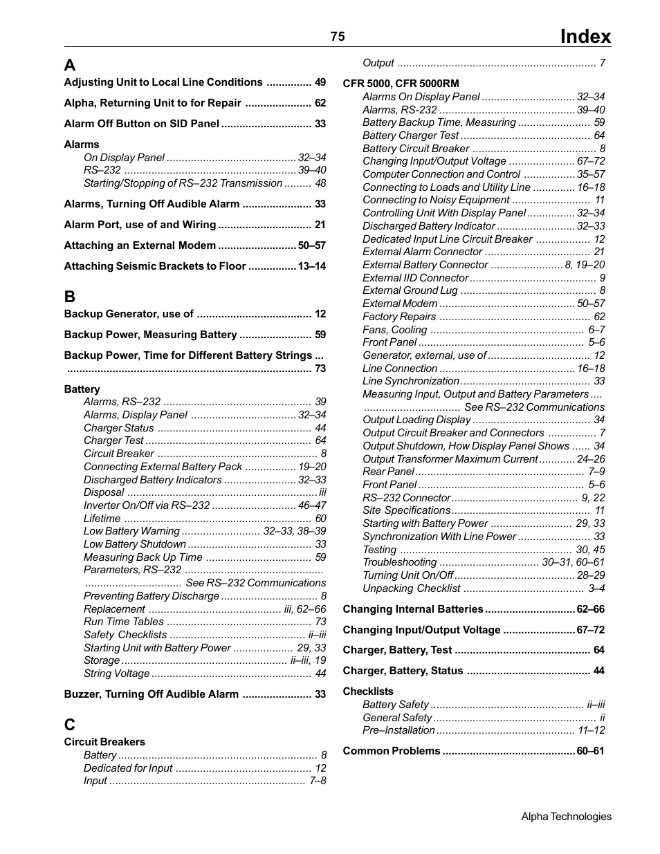 Index | Alpha Technologies CFR 5000, CFR 5000RM User Manual | Page 81 / 88