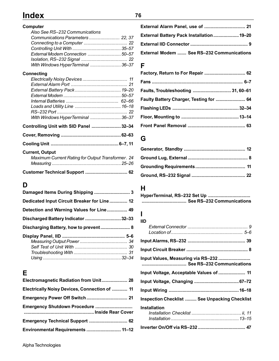 Index | Alpha Technologies CFR 5000, CFR 5000RM User Manual | Page 82 / 88