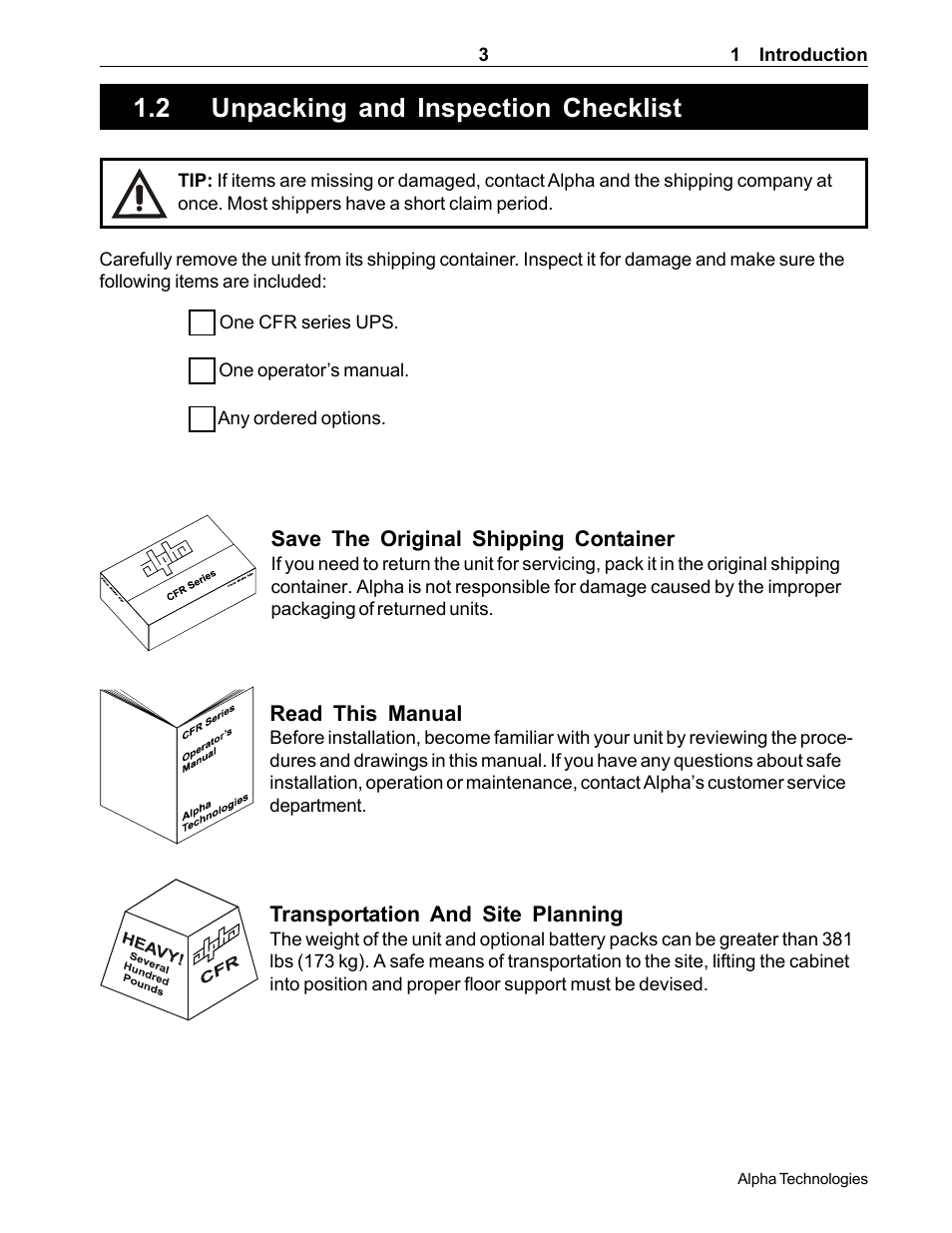 Unpacking and inspection checklist, 2 unpacking and inspection checklist, An unpacking and inspection checklist | Section 1.2) | Alpha Technologies CFR 5000, CFR 5000RM User Manual | Page 9 / 88