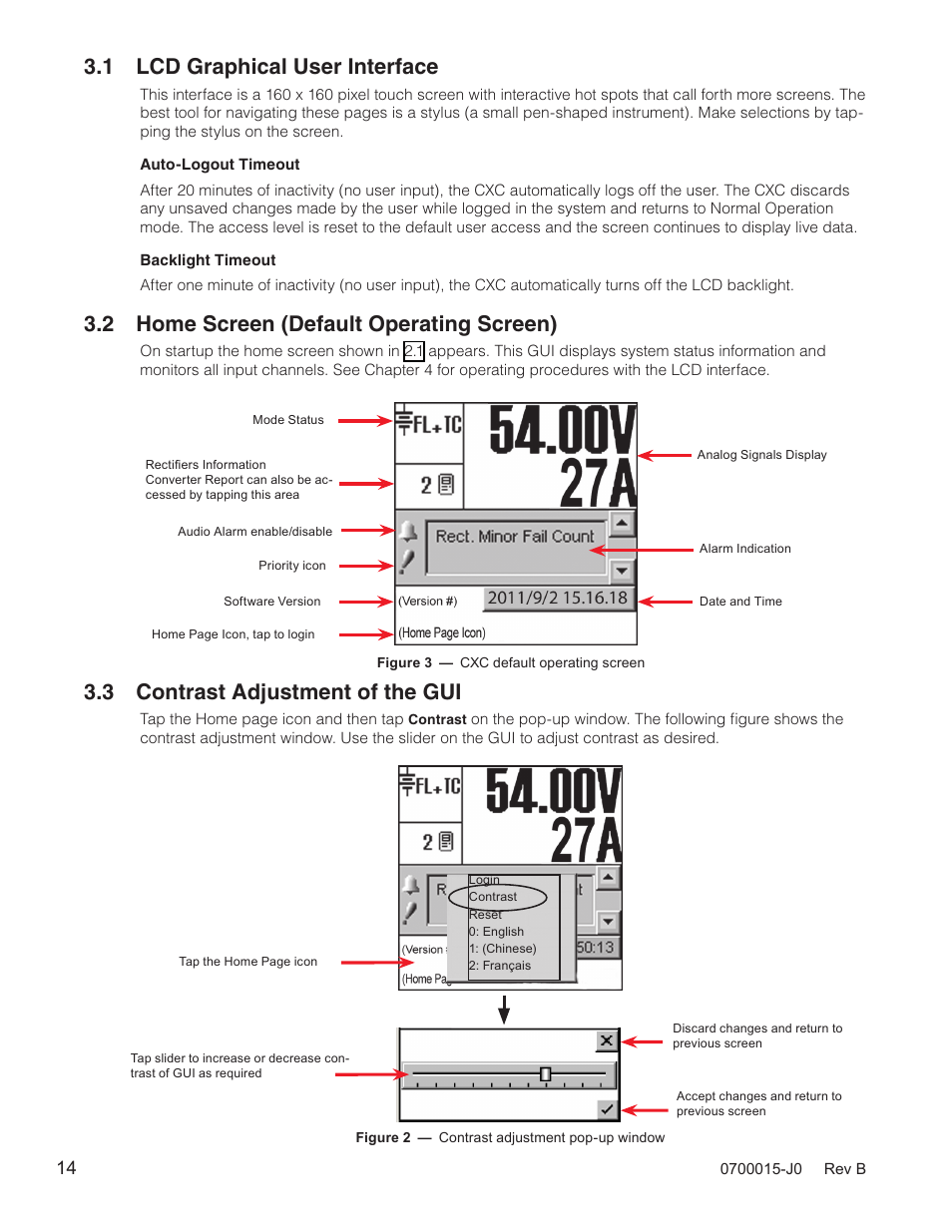 1 lcd graphical user interface, 2 home screen (default operating screen), 3 contrast adjustment of the gui | Alpha Technologies Cordex Controller Ver.3.1x User Manual | Page 16 / 144