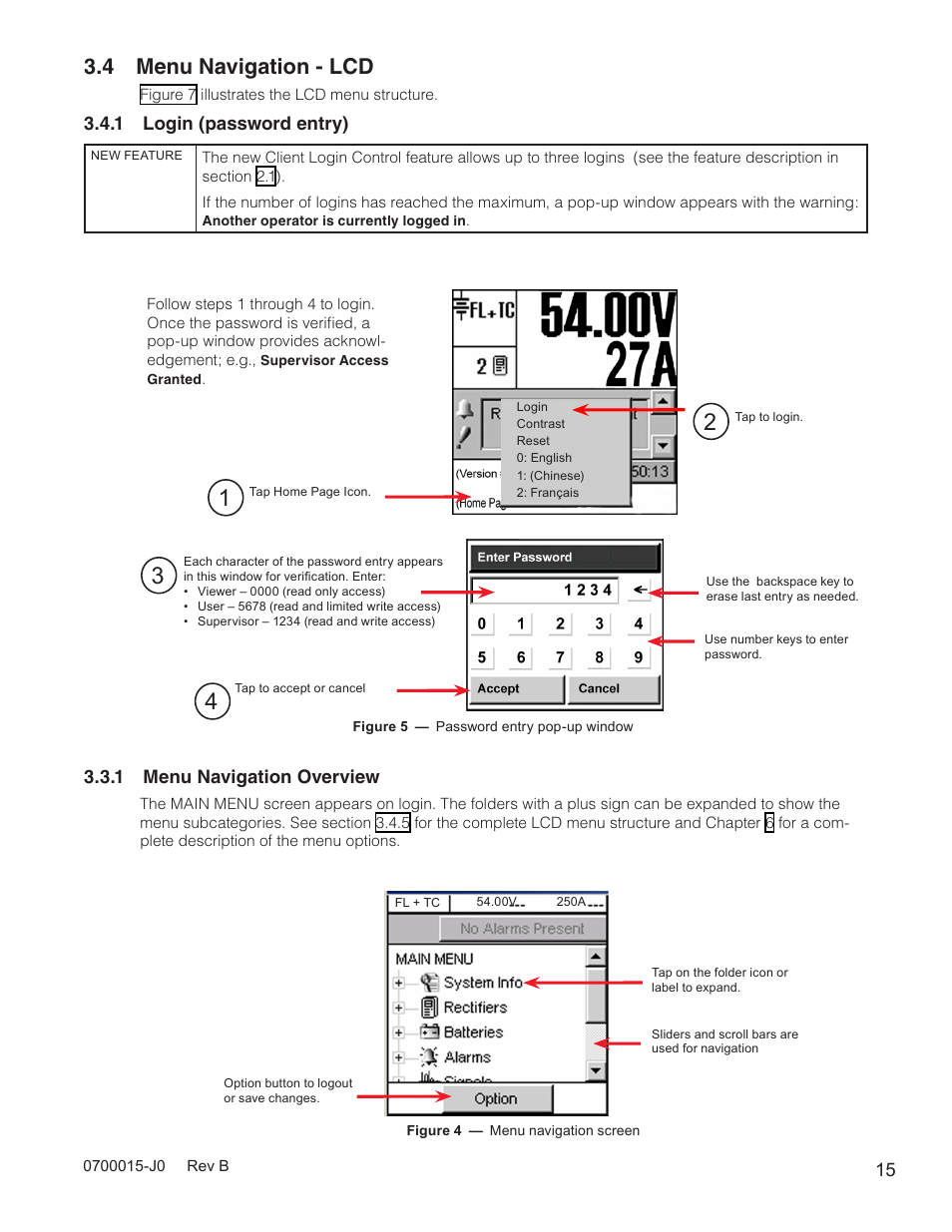 4 menu navigation - lcd, 1 menu navigation overview, 1 login (password entry) | Alpha Technologies Cordex Controller Ver.3.1x User Manual | Page 17 / 144