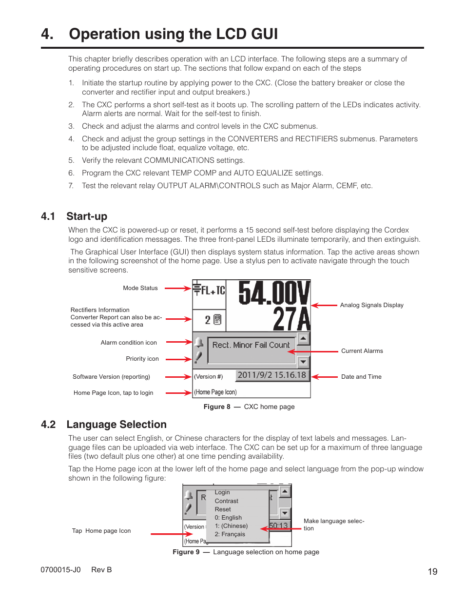 Operation using the lcd gui, 1 start-up, 2 language selection | Alpha Technologies Cordex Controller Ver.3.1x User Manual | Page 21 / 144